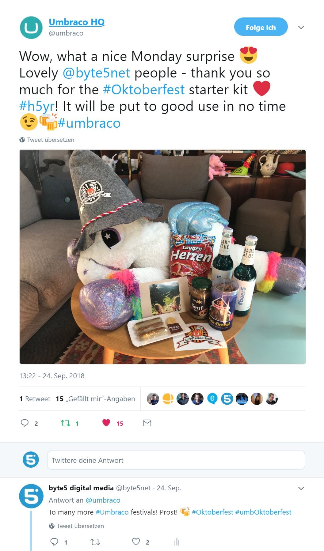 Tweet vom Umbraco-Headquarter zum Oktoberfest-Starter-Kit von byte5