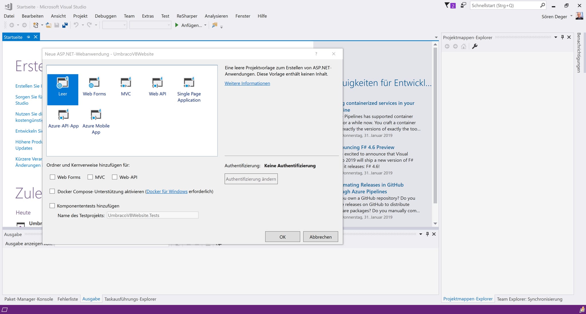 Screenshot: Visual Studio: Projektvorlage