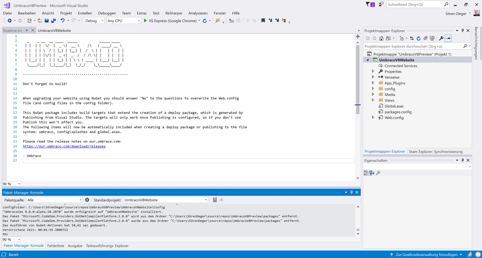 Screenshot: Visual Studio: Umbraco-Installation PMC