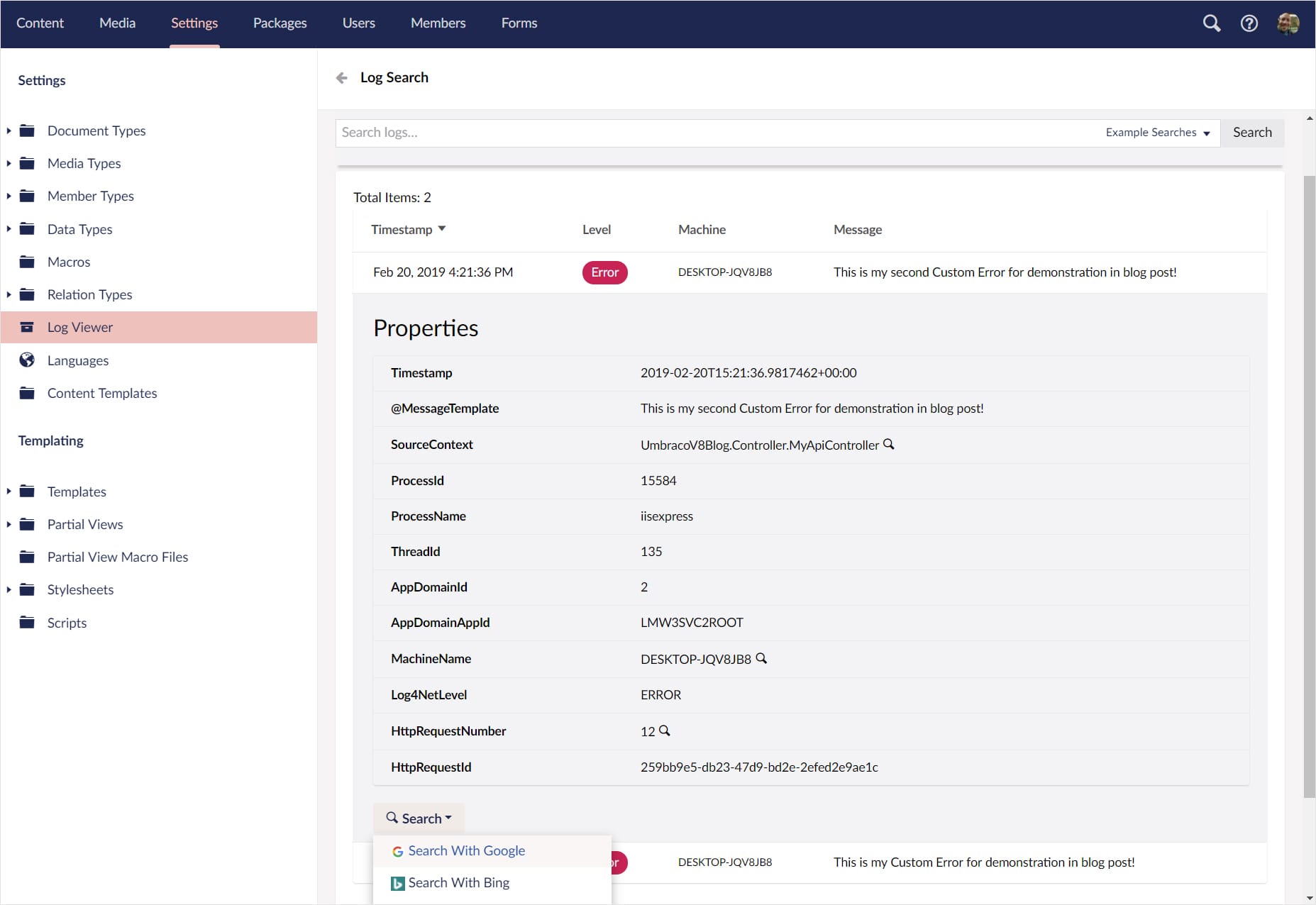 Screenshot: Umbraco 8-Backend