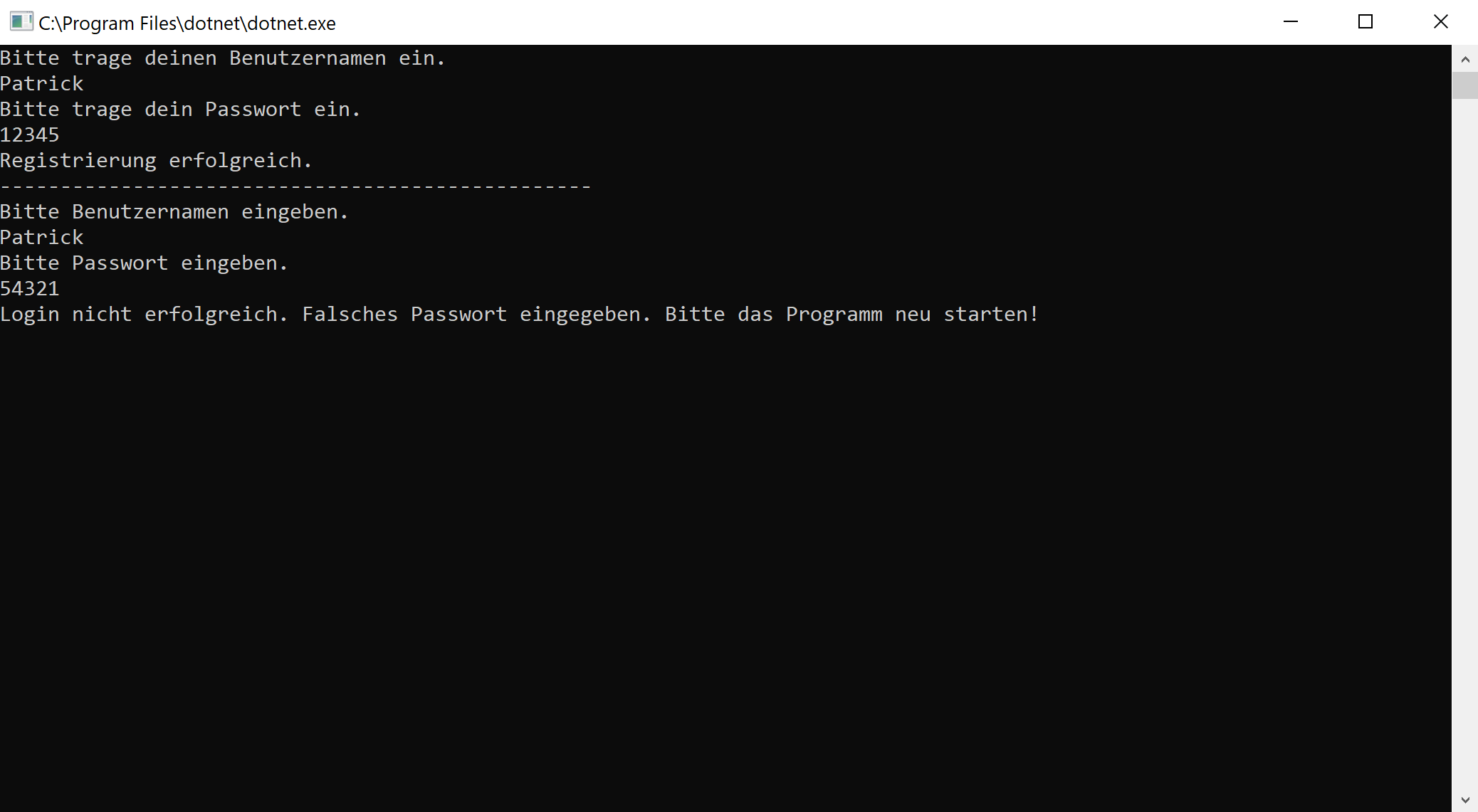 Konsolenausgabe eines Login-Prozesses
