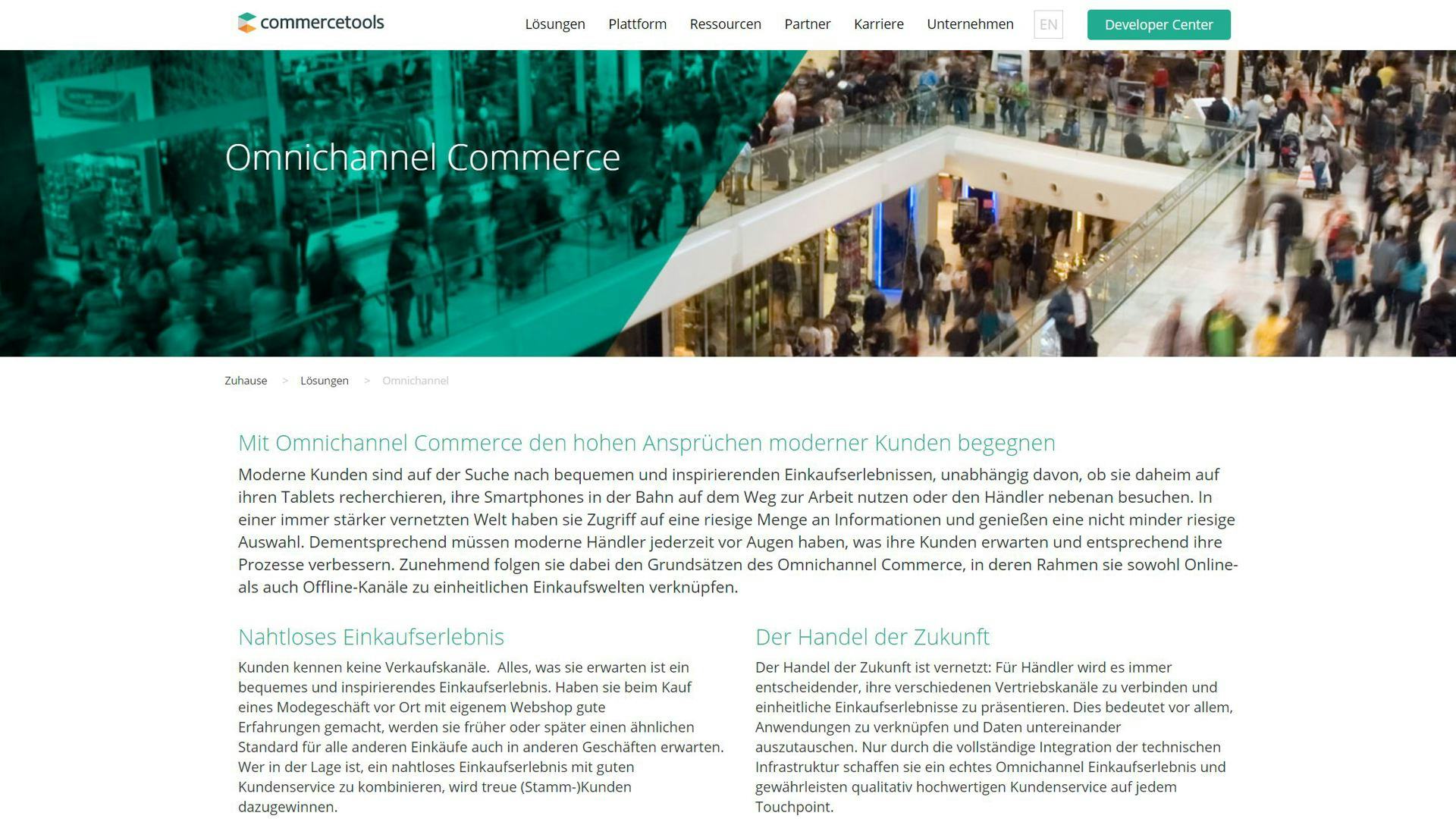 Screenshot der deutschen commercetools-Website