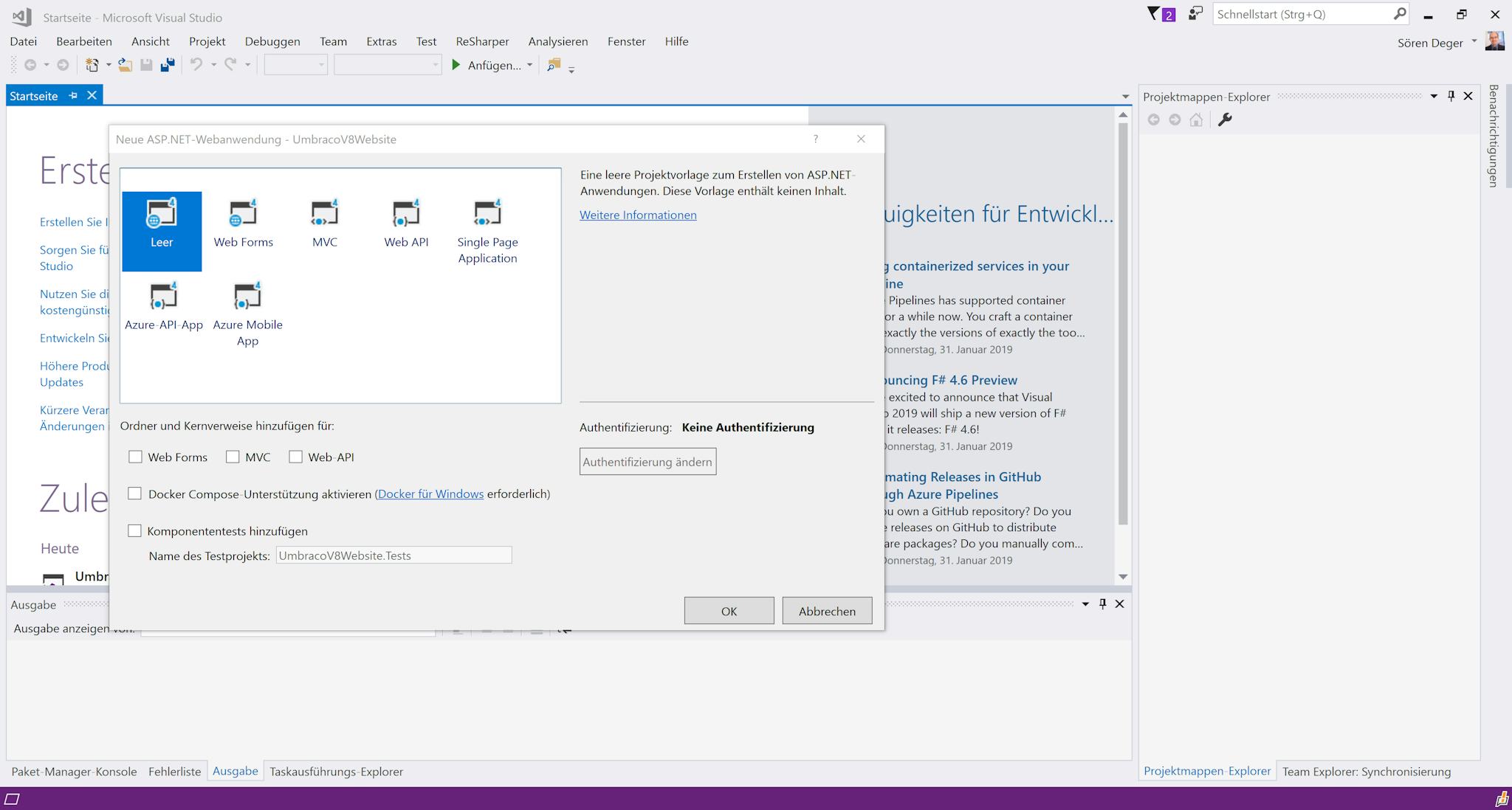 Screenshot: Visual Studio: Projektvorlage