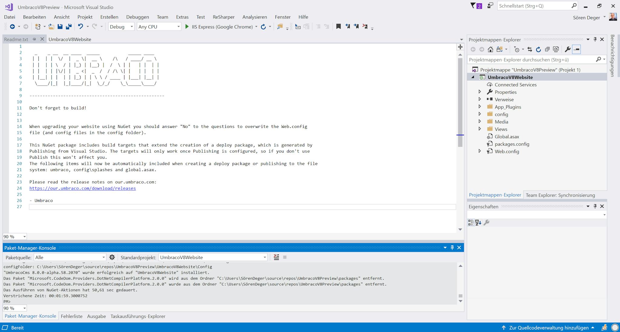 Screenshot: Visual Studio: Umbraco-Installation PMC