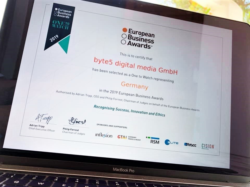 Zertifikat: byte5 unter den "Ones to Watch" des European Business Awards